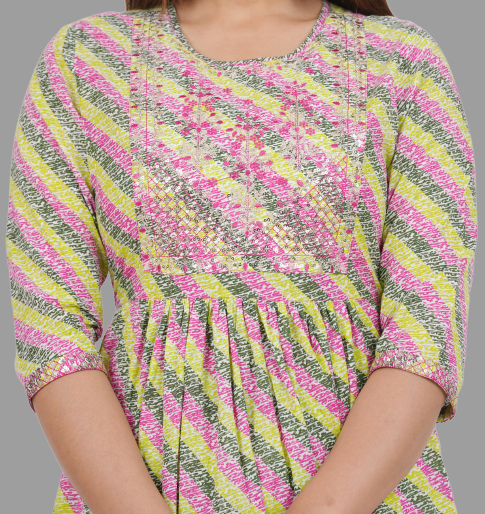 House of RP Women's Light Green Cotton Laheriya Print Embroidered Flared Kurta | Grocsy