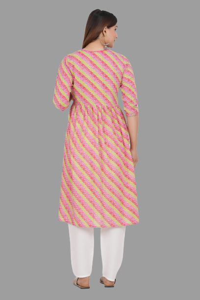 House of RP Women's Pink Cotton Laheriya Print Embroidered Flared Kurta | Grocsy