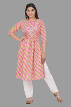House of RP Women's Pink Cotton Laheriya Print Embroidered Flared Kurta | Grocsy