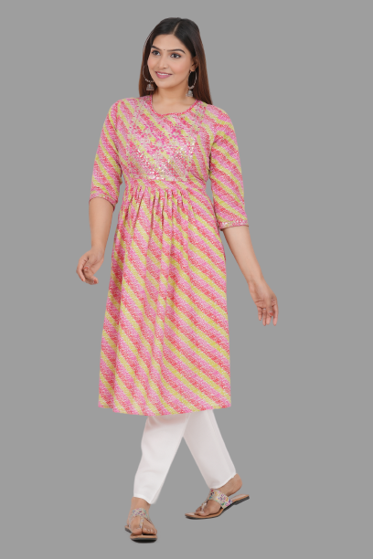 House of RP Women's Pink Cotton Laheriya Print Embroidered Flared Kurta | Grocsy