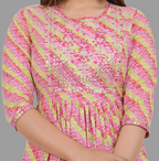 House of RP Women's Pink Cotton Laheriya Print Embroidered Flared Kurta | Grocsy