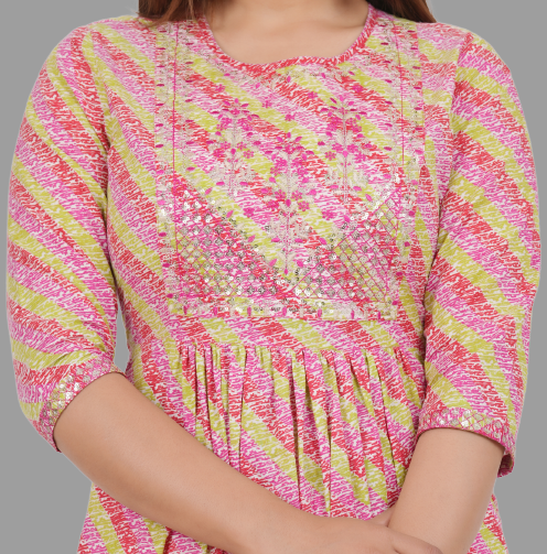 House of RP Women's Pink Cotton Laheriya Print Embroidered Flared Kurta | Grocsy