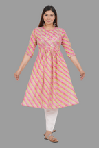 House of RP Women's Pink Cotton Laheriya Print Embroidered Flared Kurta | Grocsy
