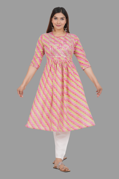 House of RP Women's Pink Cotton Laheriya Print Embroidered Flared Kurta | Grocsy
