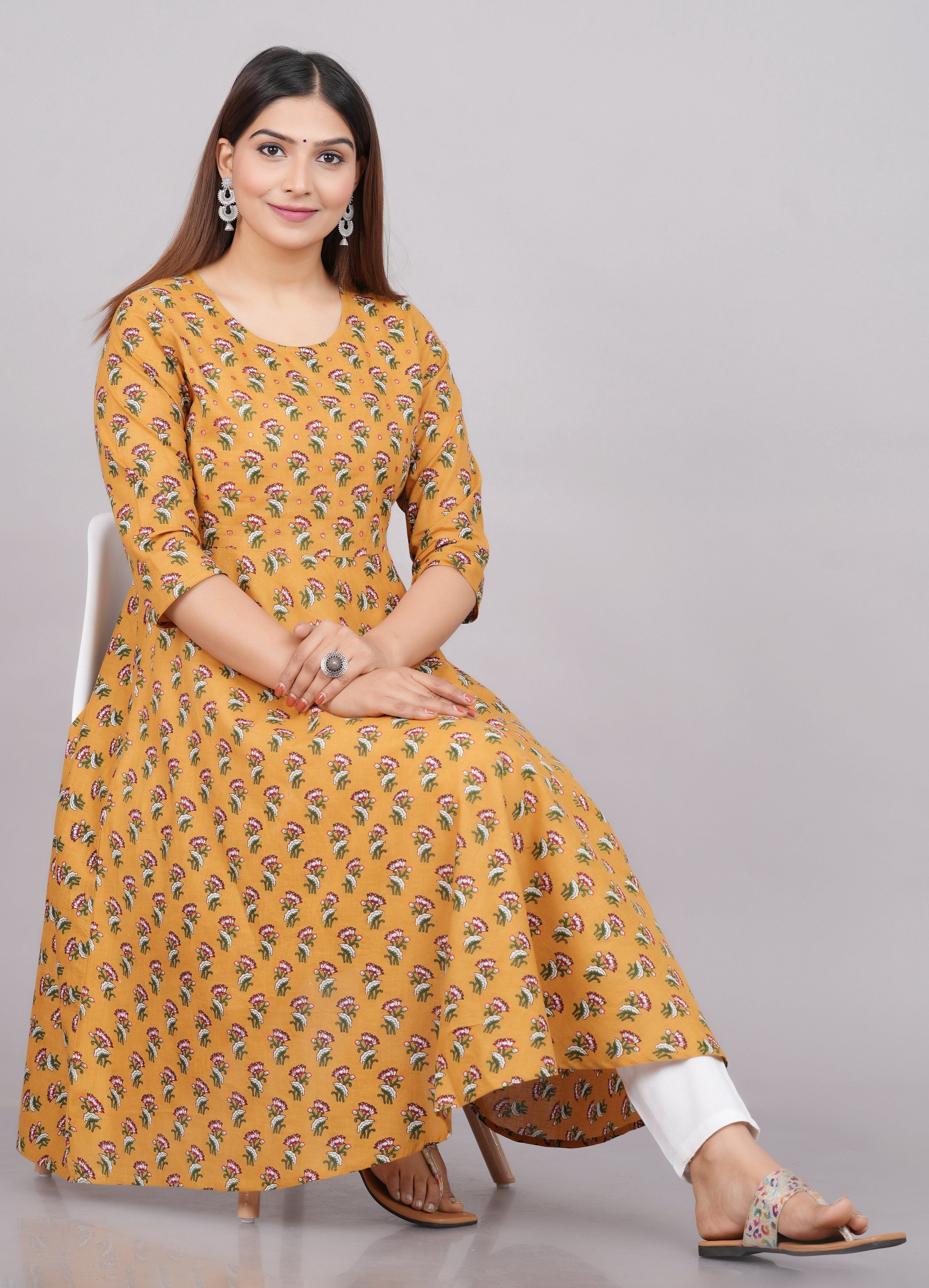 House of RP Women Mustard Cotton Floral Print Anarkali Kurta | Grocsy