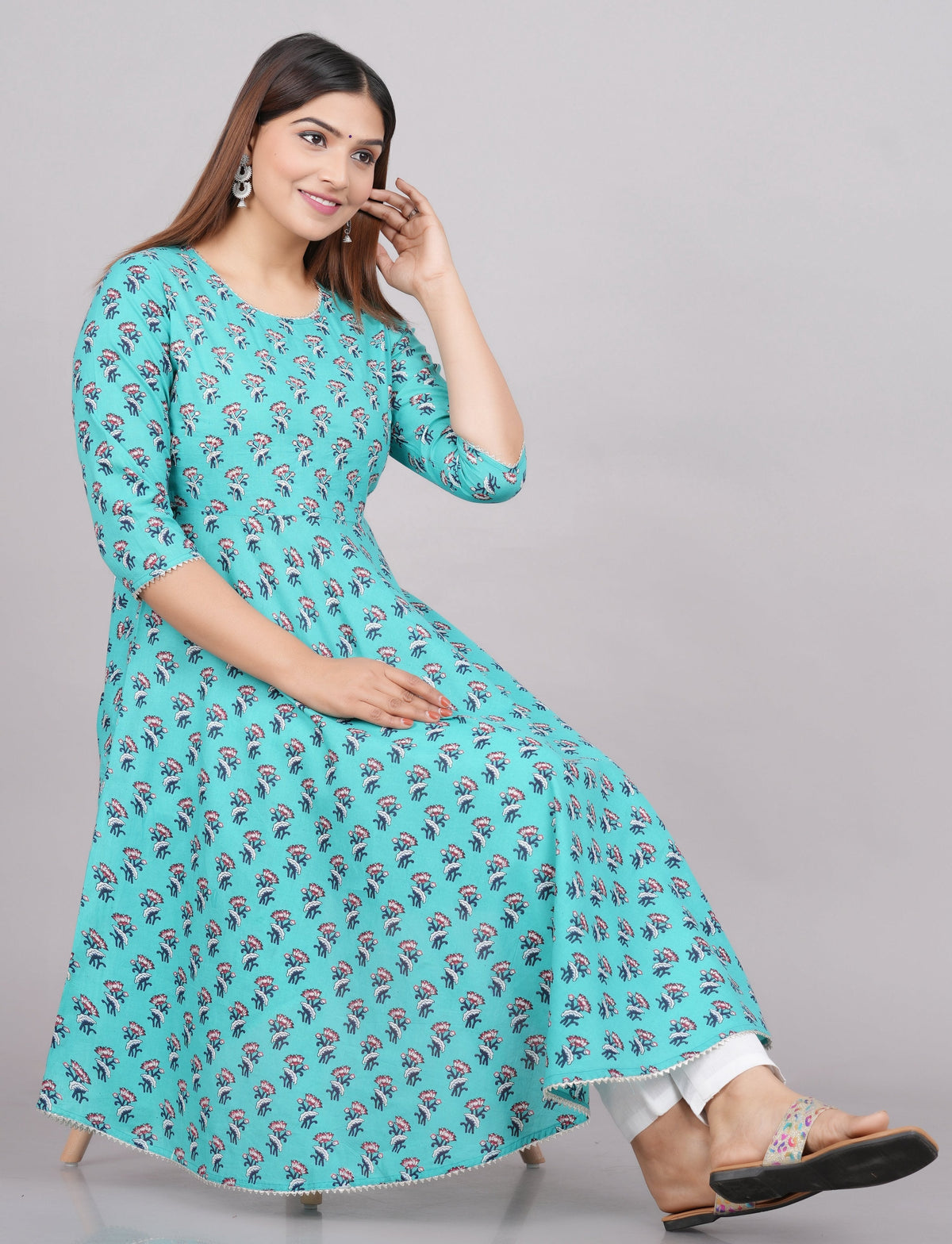 House of RP Women Turquoise Cotton Floral Print Anarkali Kurta | Grocsy