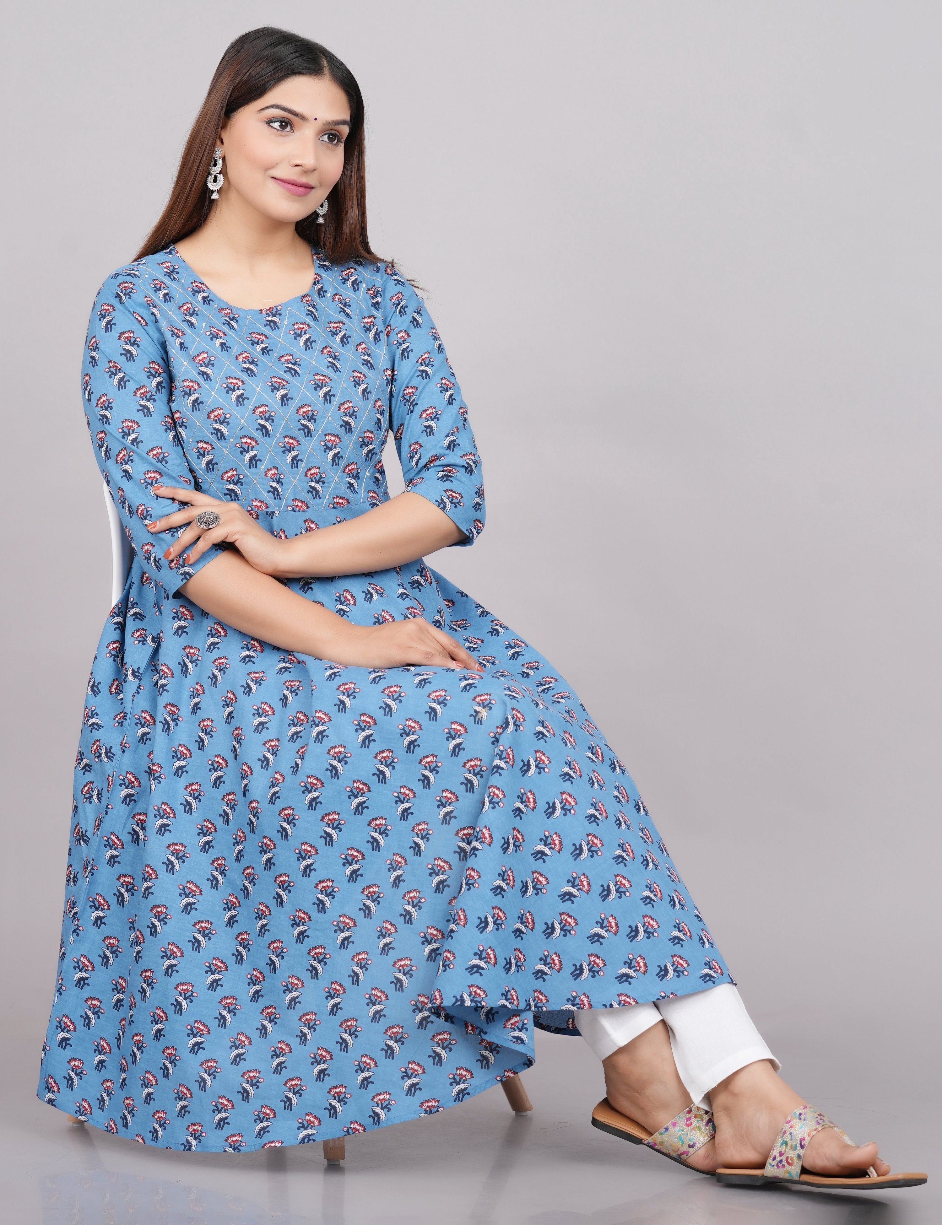 House of RP Women Aqua Blue Cotton Floral Print Anarkali Kurta | Grocsy