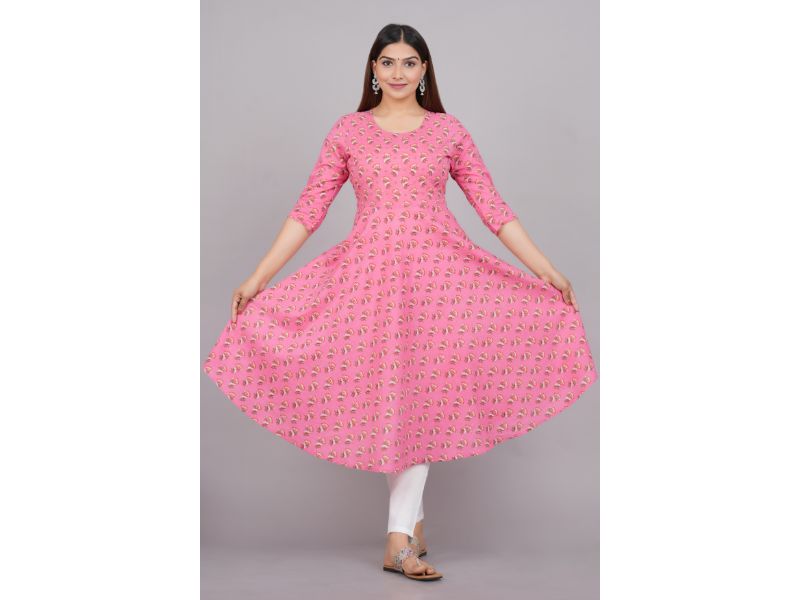 House of RP Women Pink Cotton Floral Print Anarkali Kurta | Grocsy