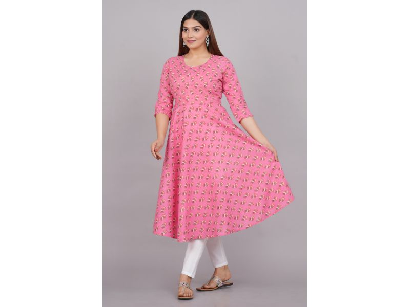 House of RP Women Pink Cotton Floral Print Anarkali Kurta | Grocsy