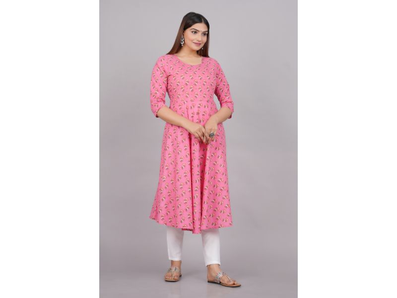 House of RP Women Pink Cotton Floral Print Anarkali Kurta | Grocsy
