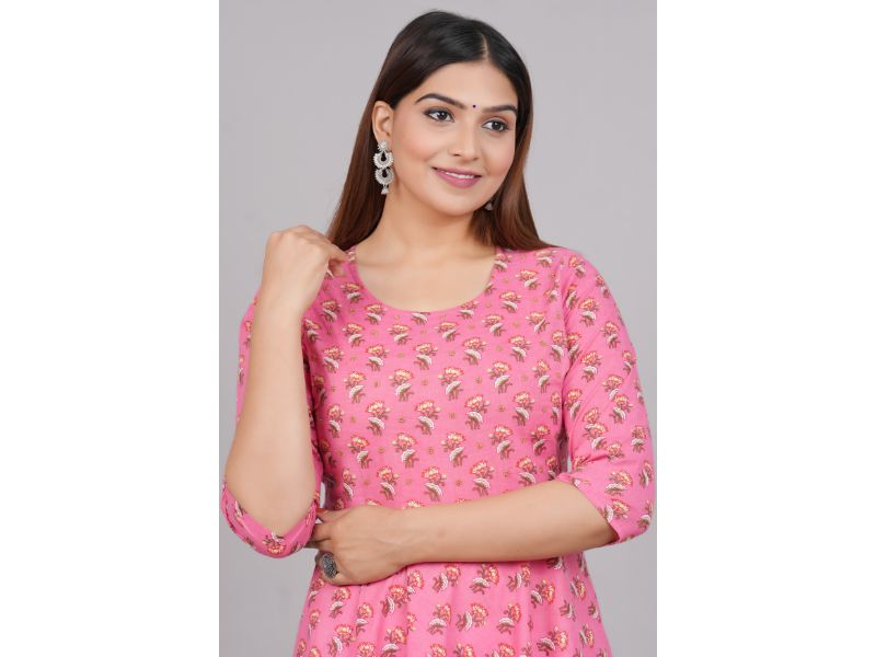 House of RP Women Pink Cotton Floral Print Anarkali Kurta | Grocsy