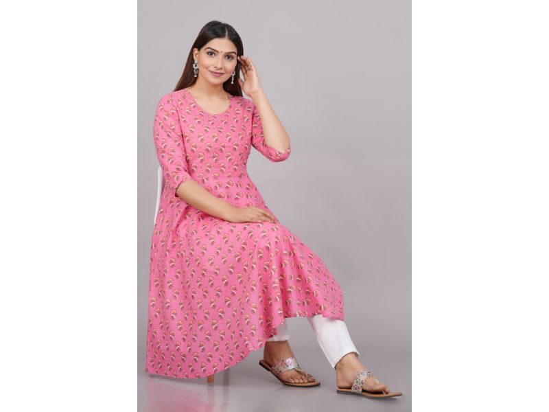 House of RP Women Pink Cotton Floral Print Anarkali Kurta | Grocsy