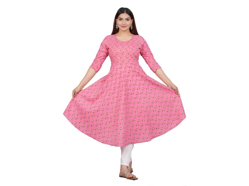 House of RP Women Pink Cotton Floral Print Anarkali Kurta | Grocsy