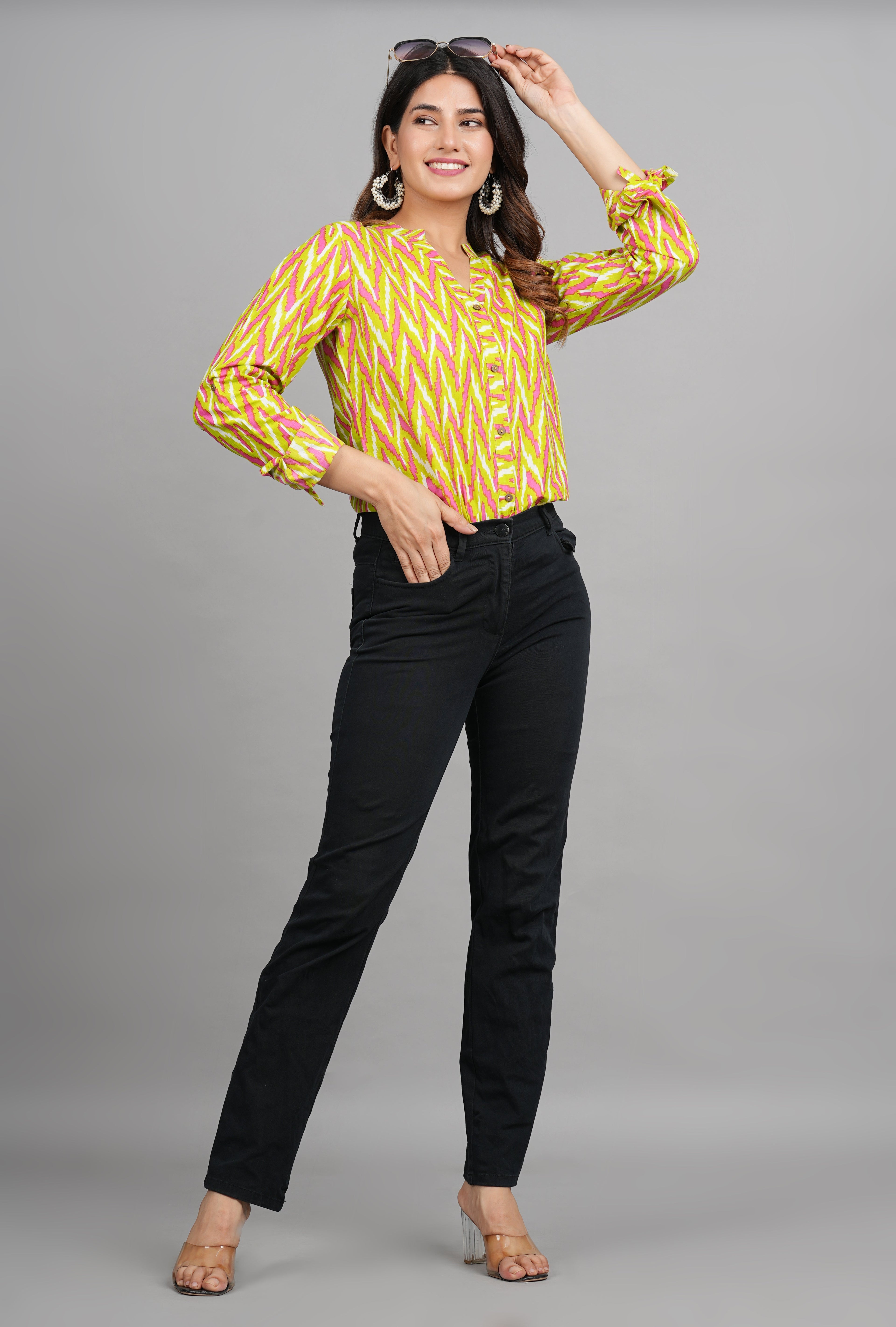 House of RP Women Cotton Yellow Print Casual Shirt | Grocsy