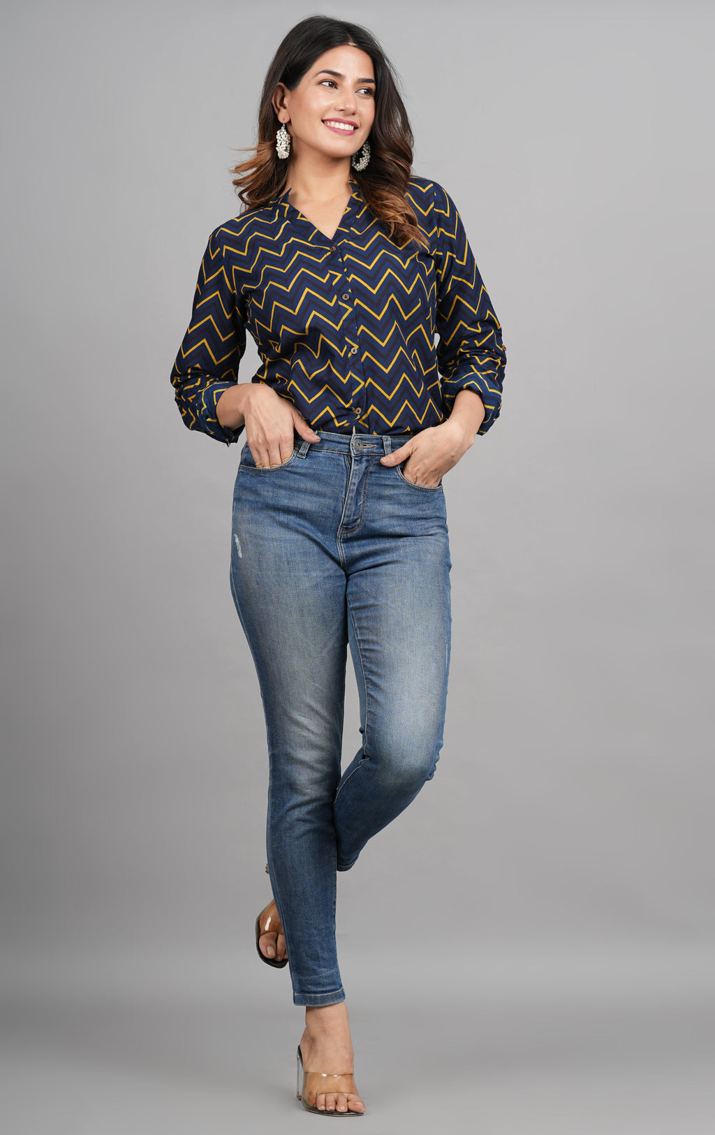 House of RP Women Cotton Dark Blue Print Casual Shirt | Grocsy