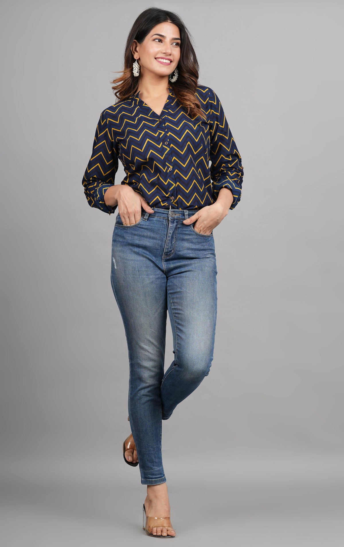 House of RP Women Cotton Dark Blue Print Casual Shirt | Grocsy