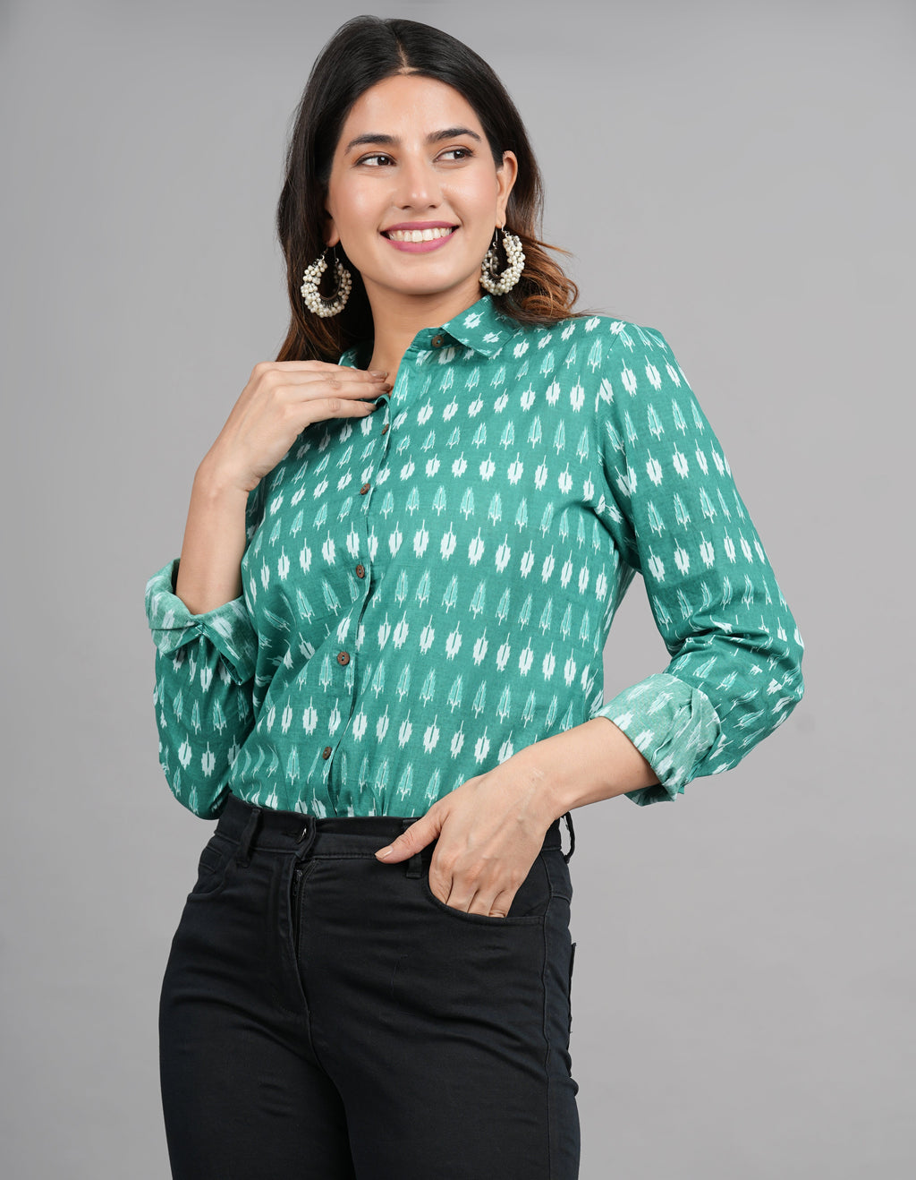 House of RP Women Cotton Green Print Casual Shirt | Grocsy