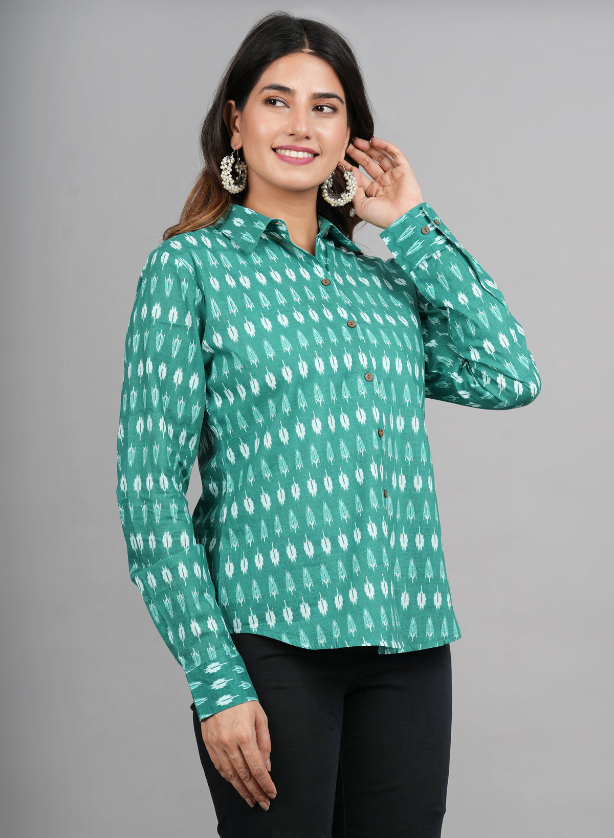 House of RP Women Cotton Green Print Casual Shirt | Grocsy