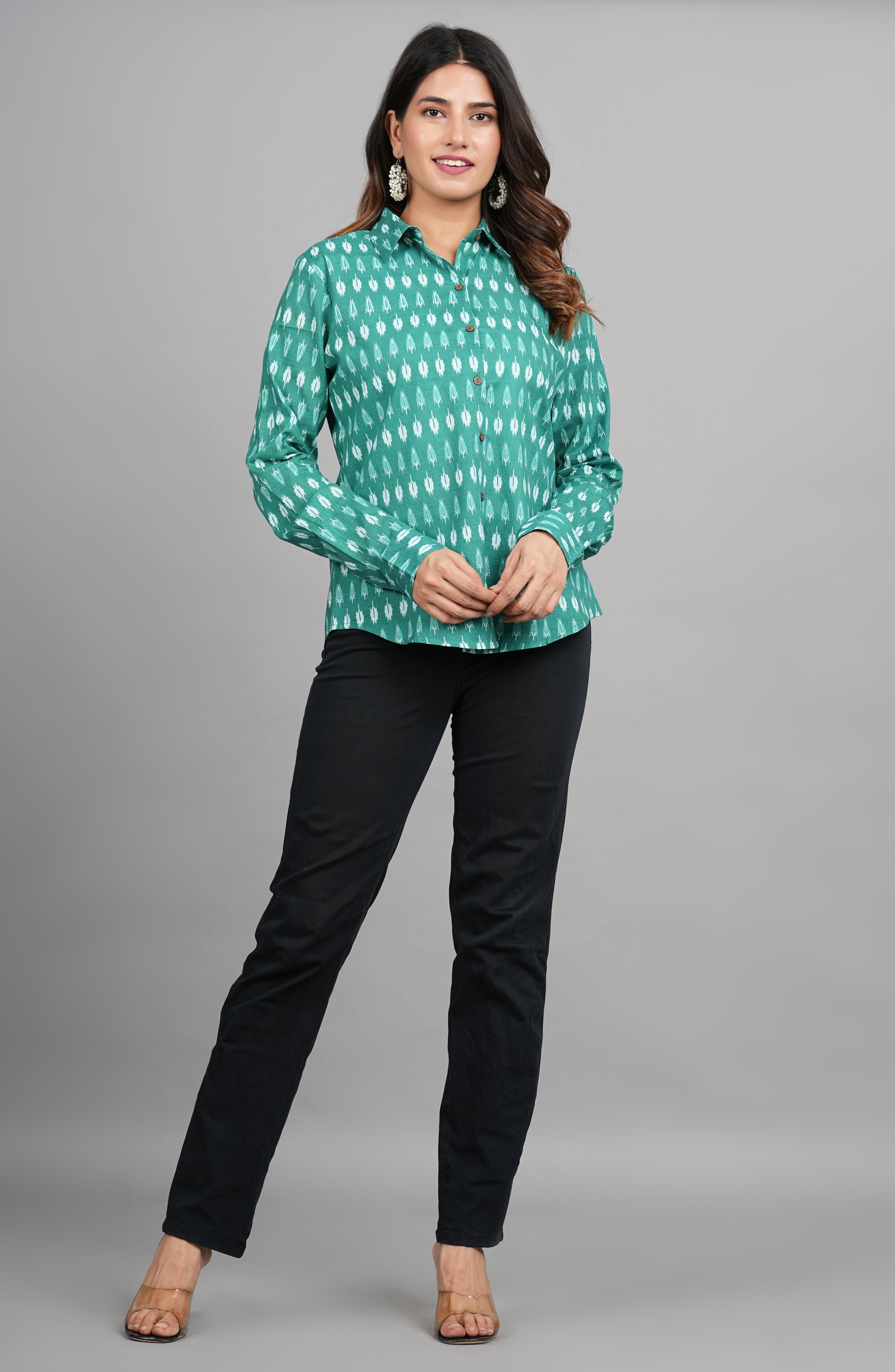 House of RP Women Cotton Green Print Casual Shirt | Grocsy