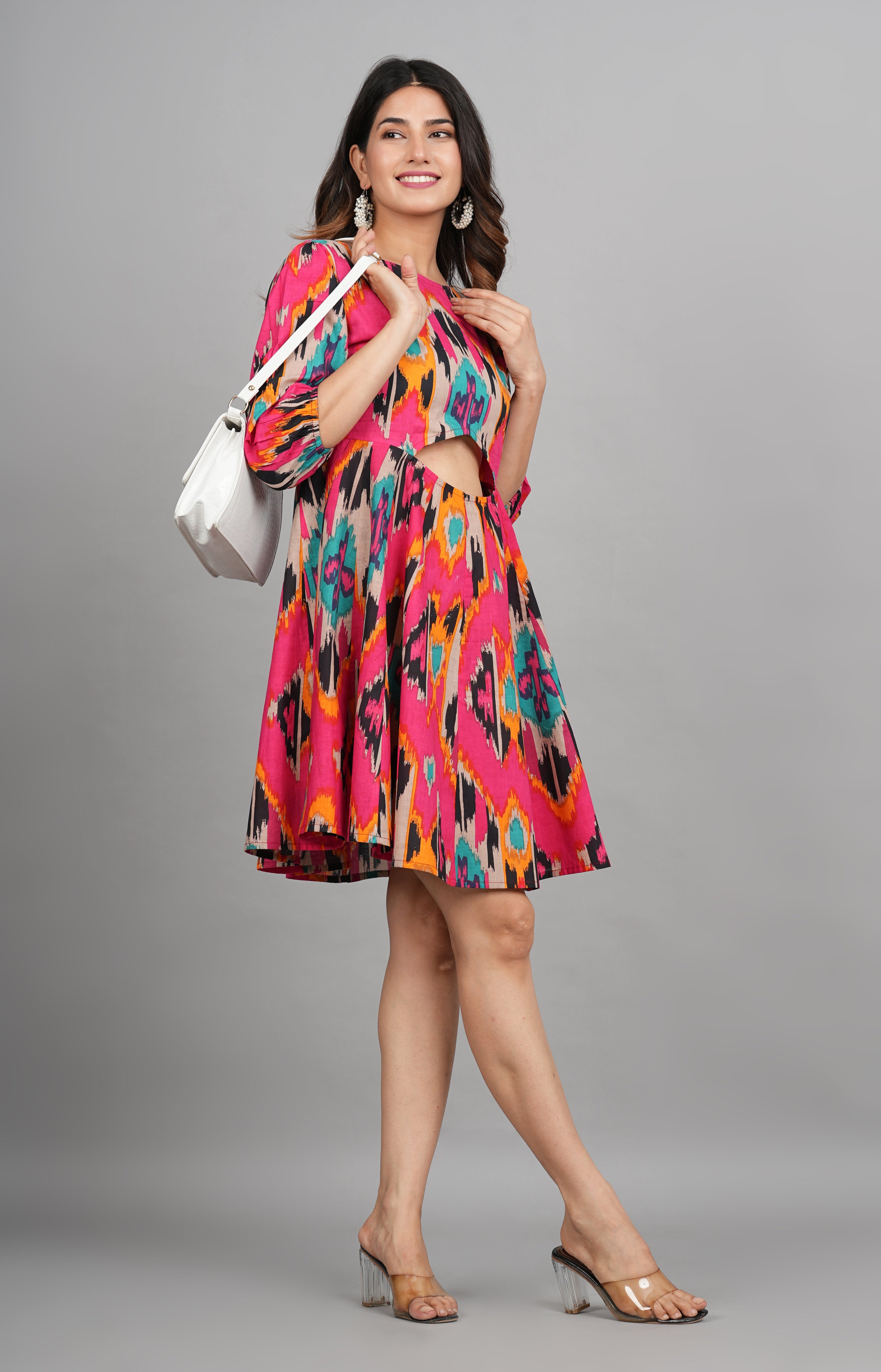 House of RP Women Cotton Pink Fit and Flare Short Dress | Grocsy
