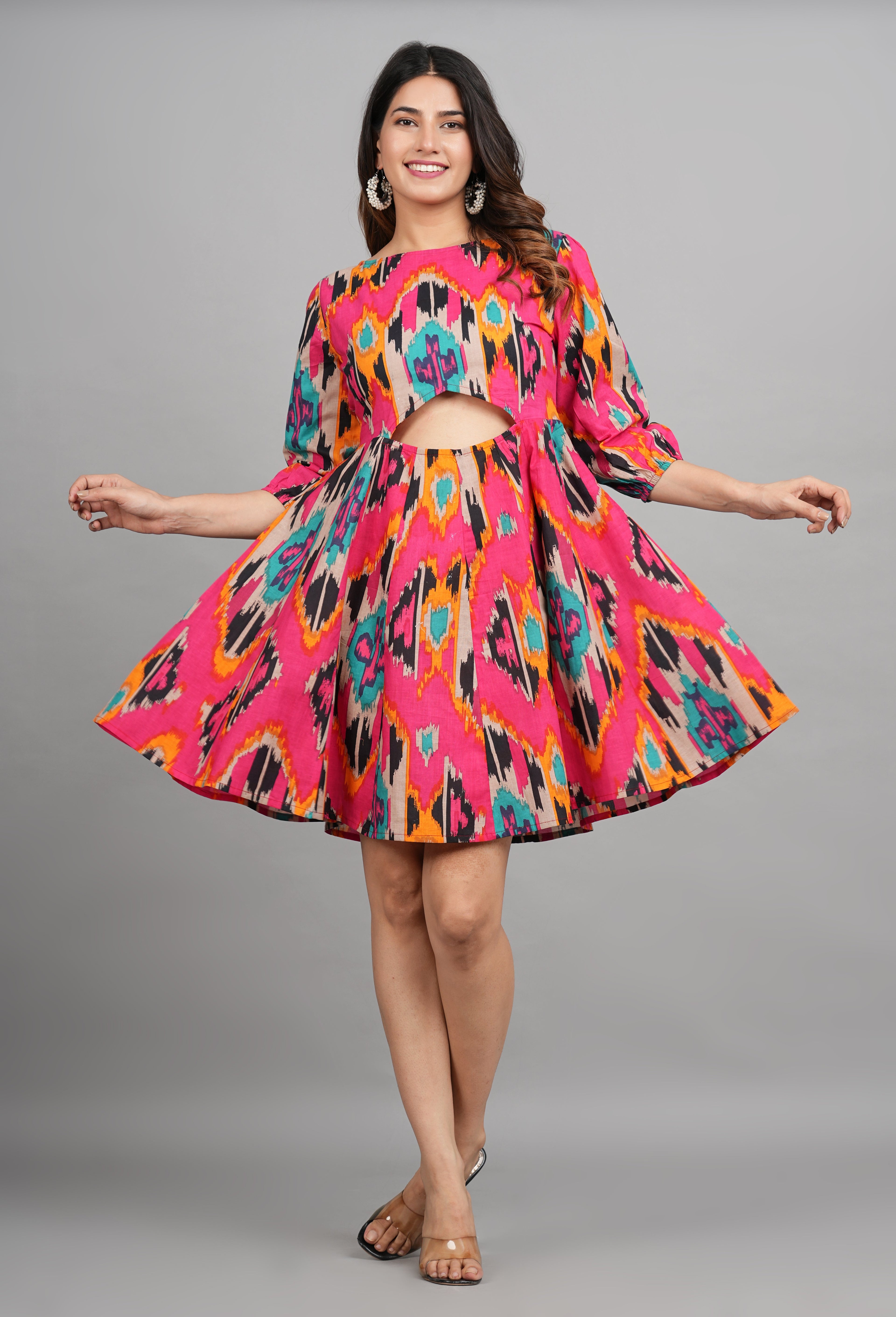 House of RP Women Cotton Pink Fit and Flare Short Dress | Grocsy