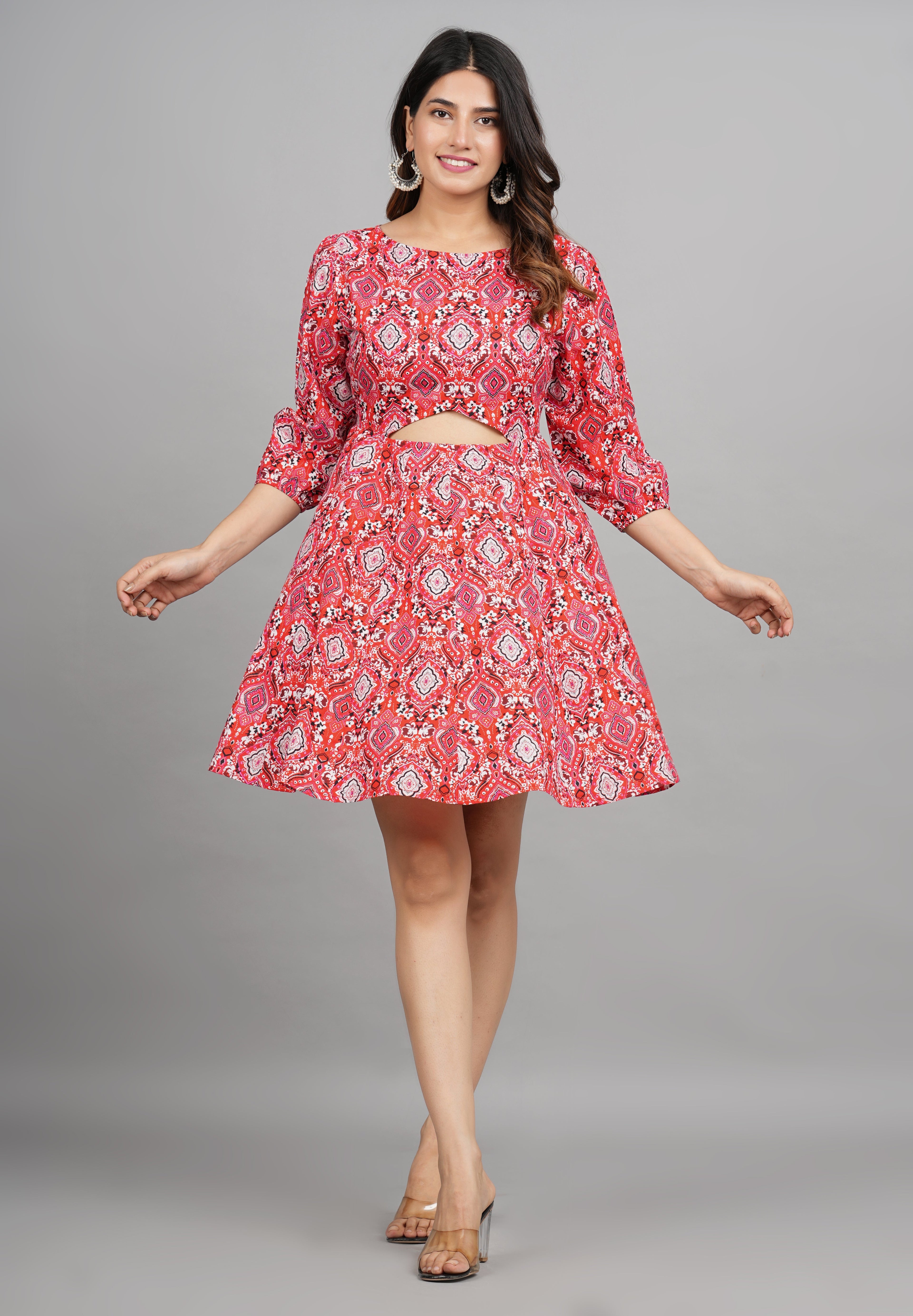 House of RP Women Cotton Red Fit and Flare Short Dress | Grocsy