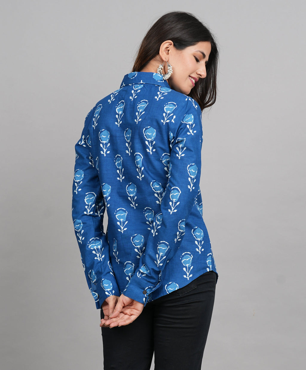 House of RP Women Light Blue Cotton Floral Print Casual Shirt | Grocsy