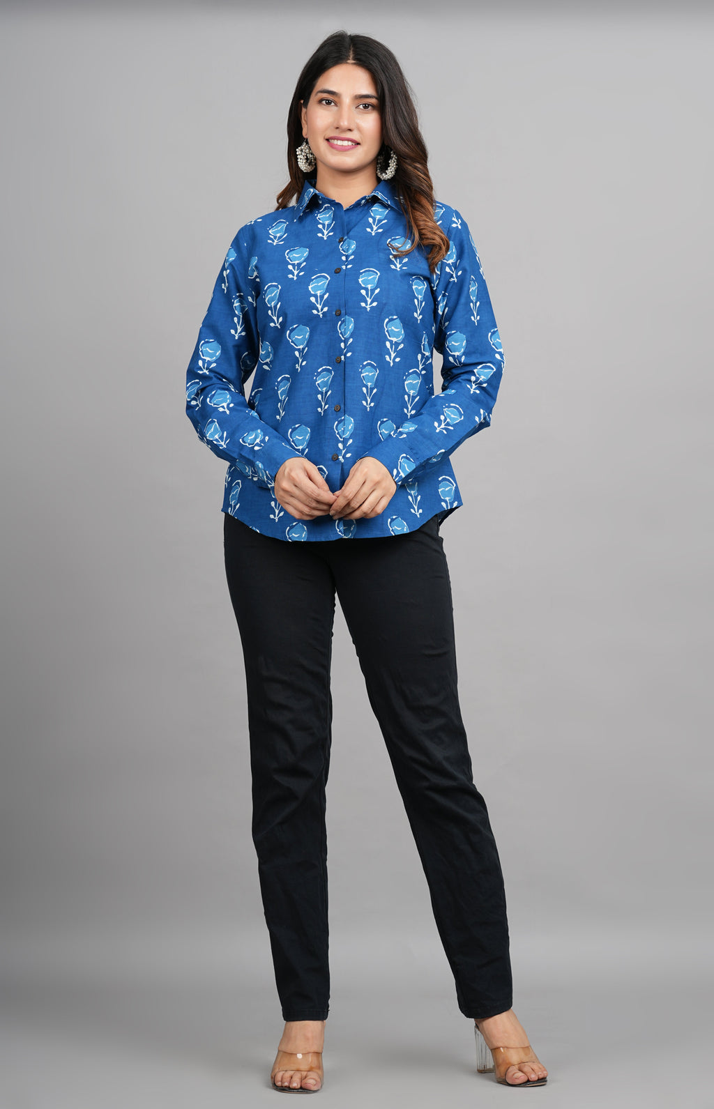 House of RP Women Light Blue Cotton Floral Print Casual Shirt | Grocsy