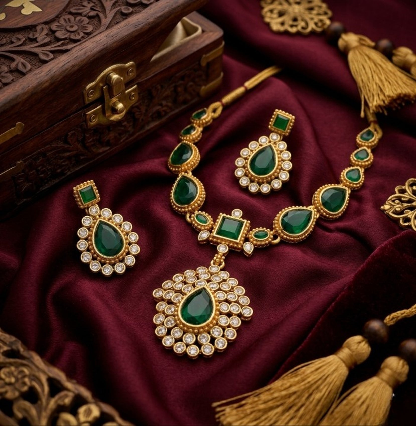 Jewel City Elegant Emerald Green & Gold-Plated Handcrafted Indian Bridal Jewelry Set - Necklace & Earrings | Grocsy
