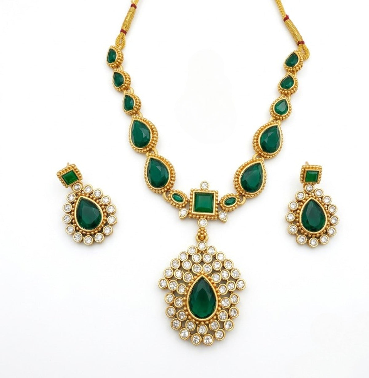 Jewel City Elegant Emerald Green & Gold-Plated Handcrafted Indian Bridal Jewelry Set - Necklace & Earrings | Grocsy
