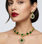 Jewel City Elegant Emerald Green & Gold-Plated Handcrafted Indian Bridal Jewelry Set - Necklace & Earrings | Grocsy