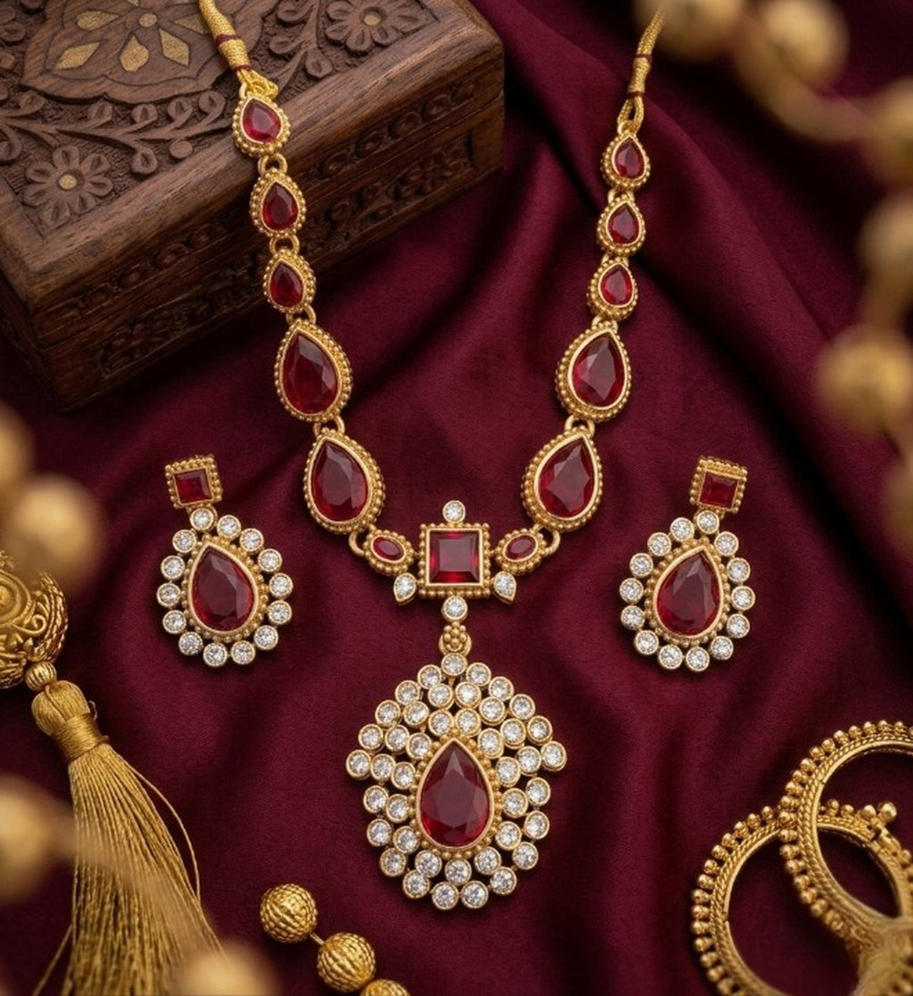 Jewel City Elegant Ruby & Gold-Plated Handcrafted Indian Bridal Jewelry Set - Necklace & Earrings | Grocsy