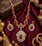 Jewel City Elegant Ruby & Gold-Plated Handcrafted Indian Bridal Jewelry Set - Necklace & Earrings | Grocsy