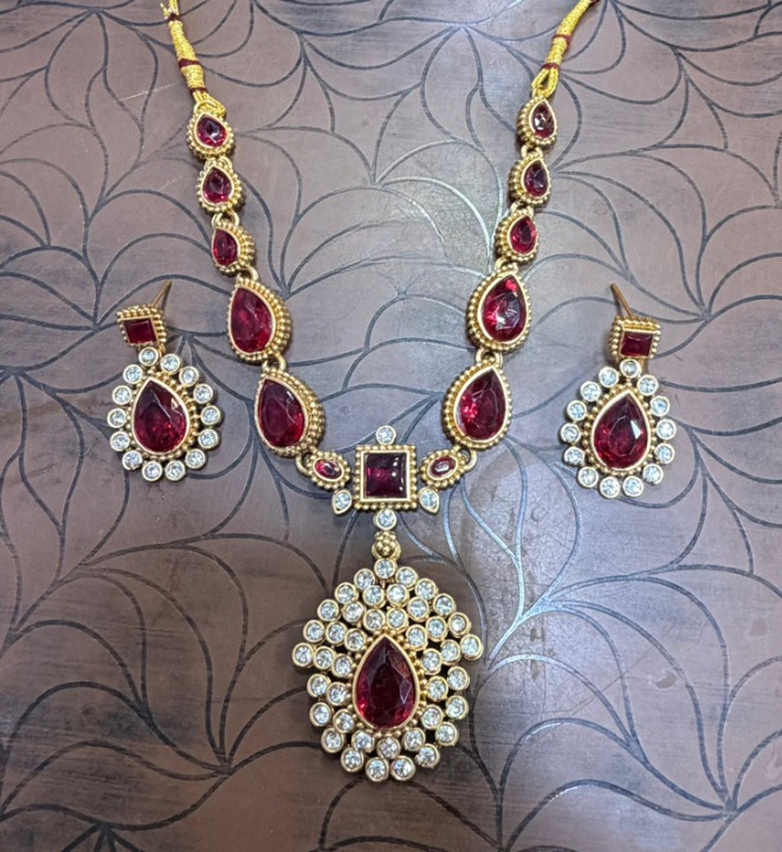 Jewel City Elegant Ruby & Gold-Plated Handcrafted Indian Bridal Jewelry Set - Necklace & Earrings | Grocsy