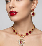 Jewel City Elegant Ruby & Gold-Plated Handcrafted Indian Bridal Jewelry Set - Necklace & Earrings | Grocsy