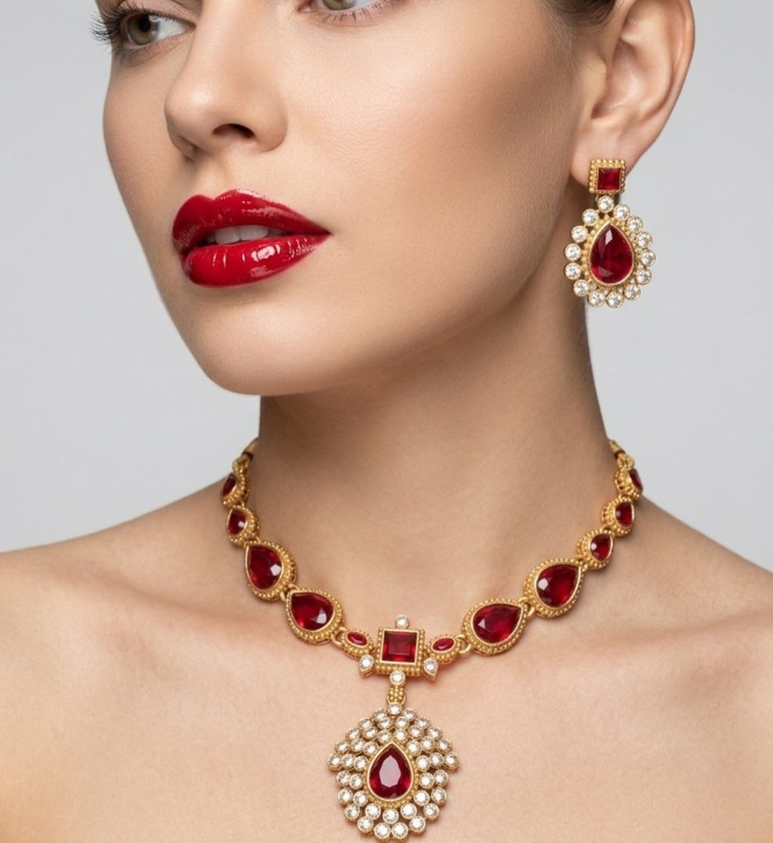 Jewel City Elegant Ruby & Gold-Plated Handcrafted Indian Bridal Jewelry Set - Necklace & Earrings | Grocsy