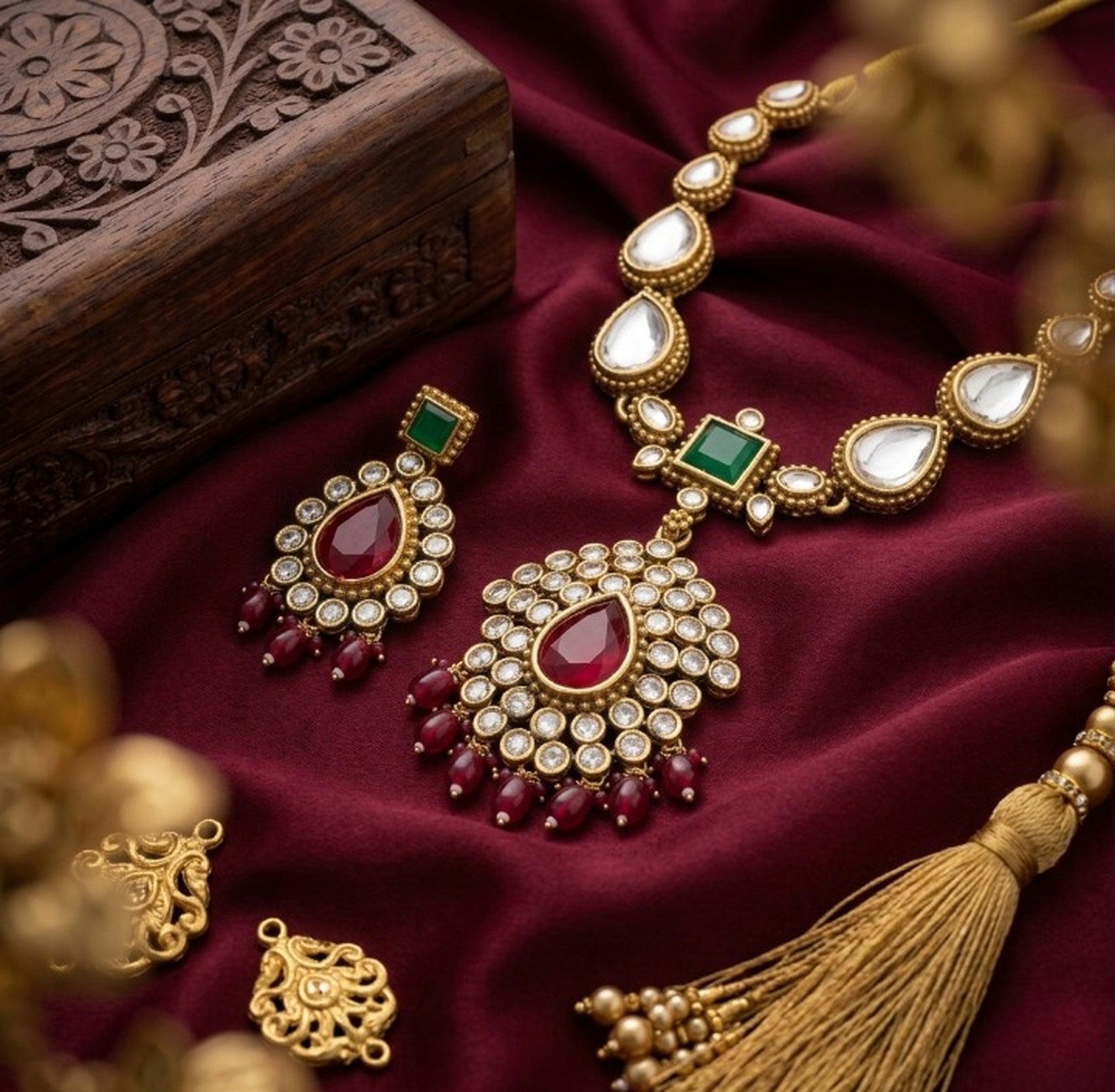 Jewel City Elegant Ruby- Green & Gold-Plated Handcrafted Indian Bridal Jewelry Set - Necklace & Earrings | Grocsy