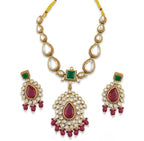 Jewel City Elegant Ruby- Green & Gold-Plated Handcrafted Indian Bridal Jewelry Set - Necklace & Earrings | Grocsy