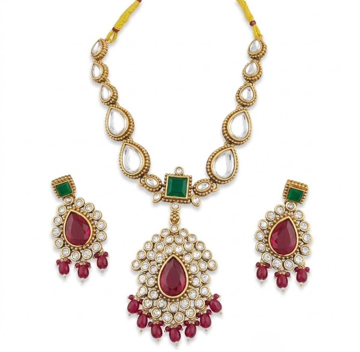 Jewel City Elegant Ruby- Green & Gold-Plated Handcrafted Indian Bridal Jewelry Set - Necklace & Earrings | Grocsy