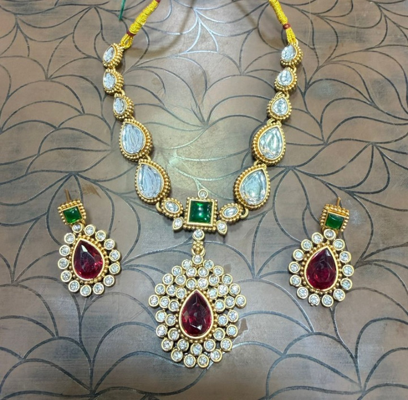 Jewel City Elegant Ruby- Green & Gold-Plated Handcrafted Indian Bridal Jewelry Set - Necklace & Earrings | Grocsy