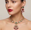Jewel City Elegant Ruby- Green & Gold-Plated Handcrafted Indian Bridal Jewelry Set - Necklace & Earrings | Grocsy