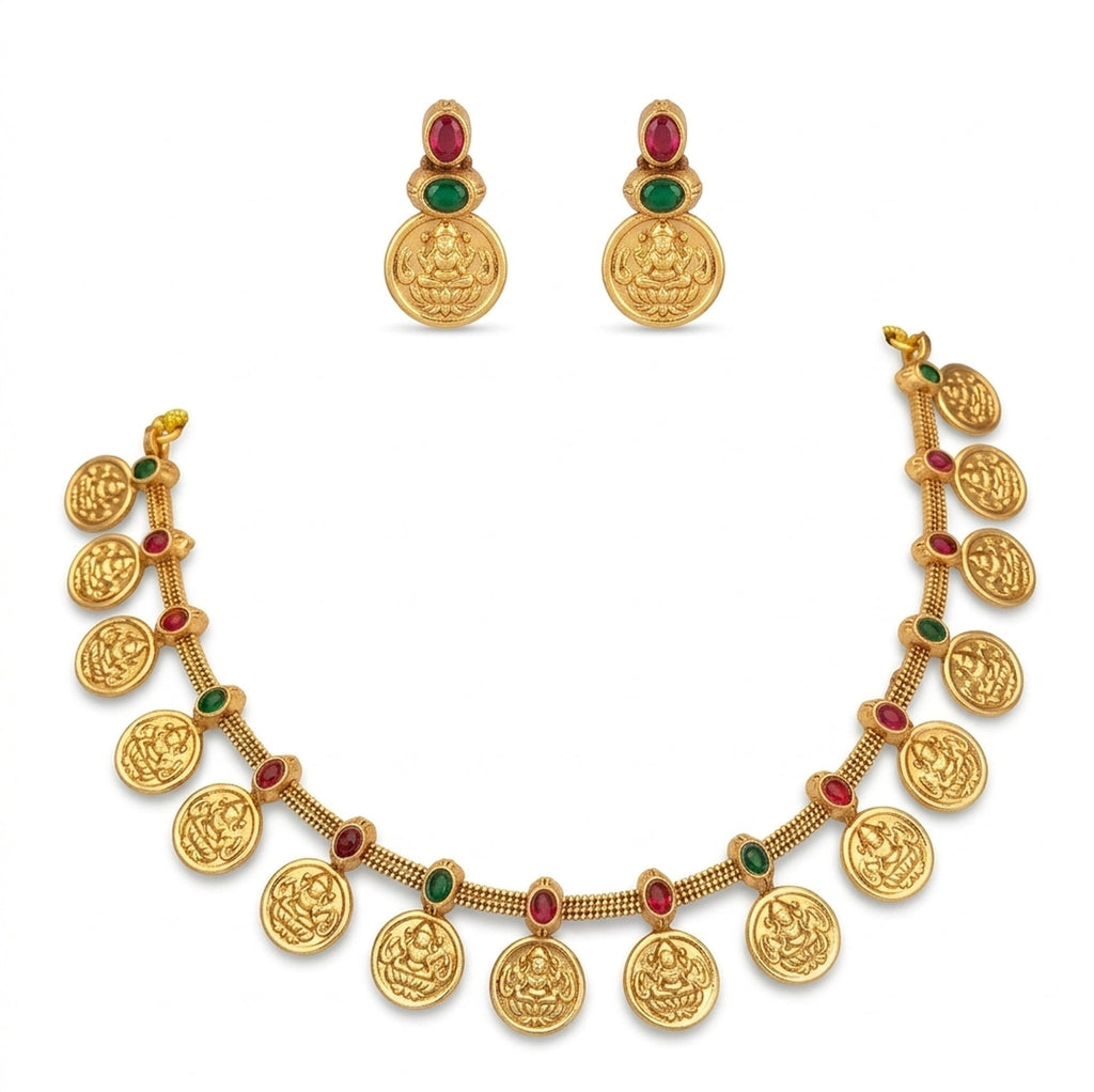Jewel City Traditional Gold-Plated Temple Lakshmi Coin Necklace Set with Ruby & Emerald Accents | Grocsy