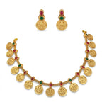Jewel City Traditional Gold-Plated Temple Lakshmi Coin Necklace Set with Ruby & Emerald Accents | Grocsy