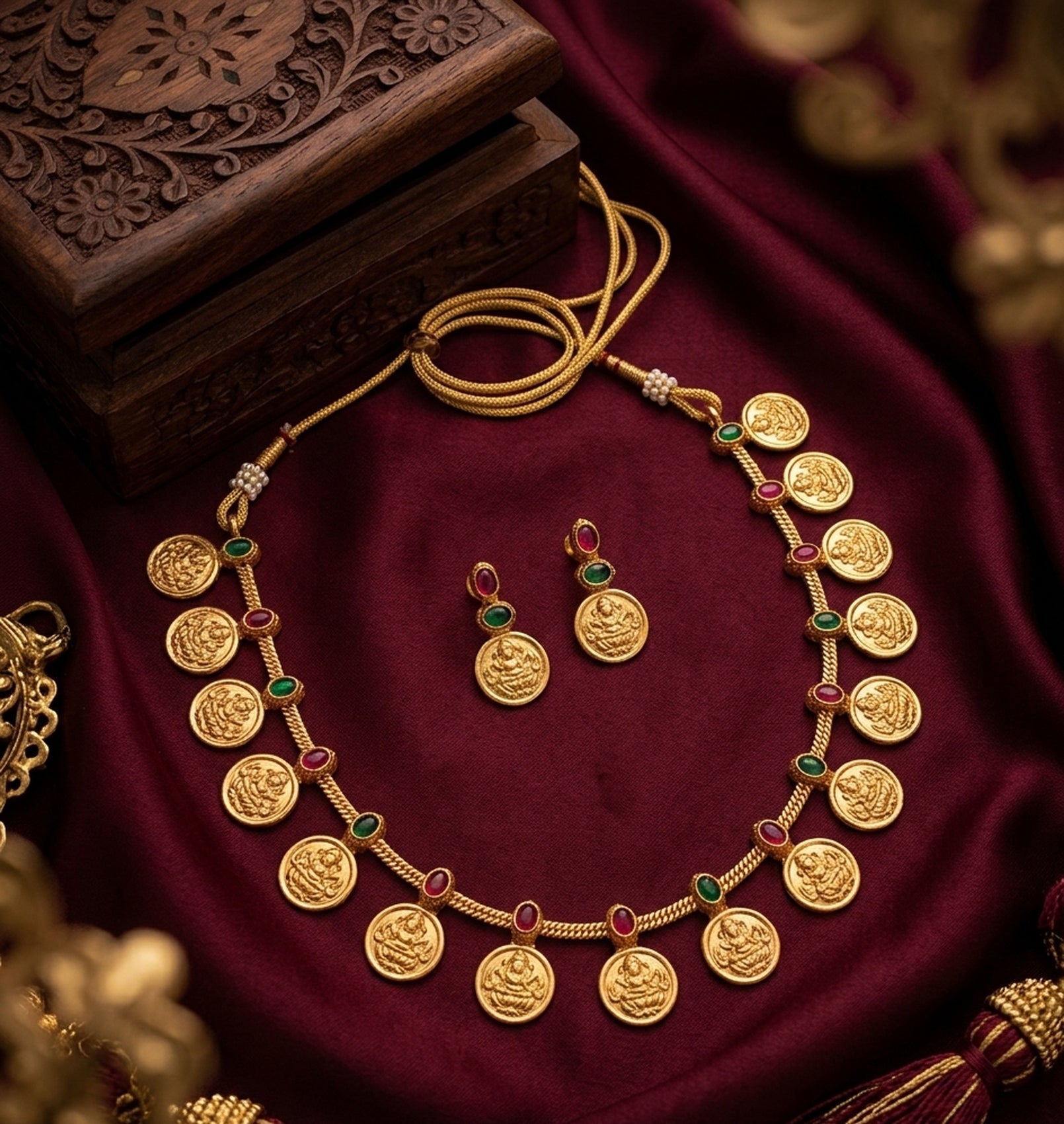 Jewel City Traditional Gold-Plated Temple Lakshmi Coin Necklace Set with Ruby & Emerald Accents | Grocsy