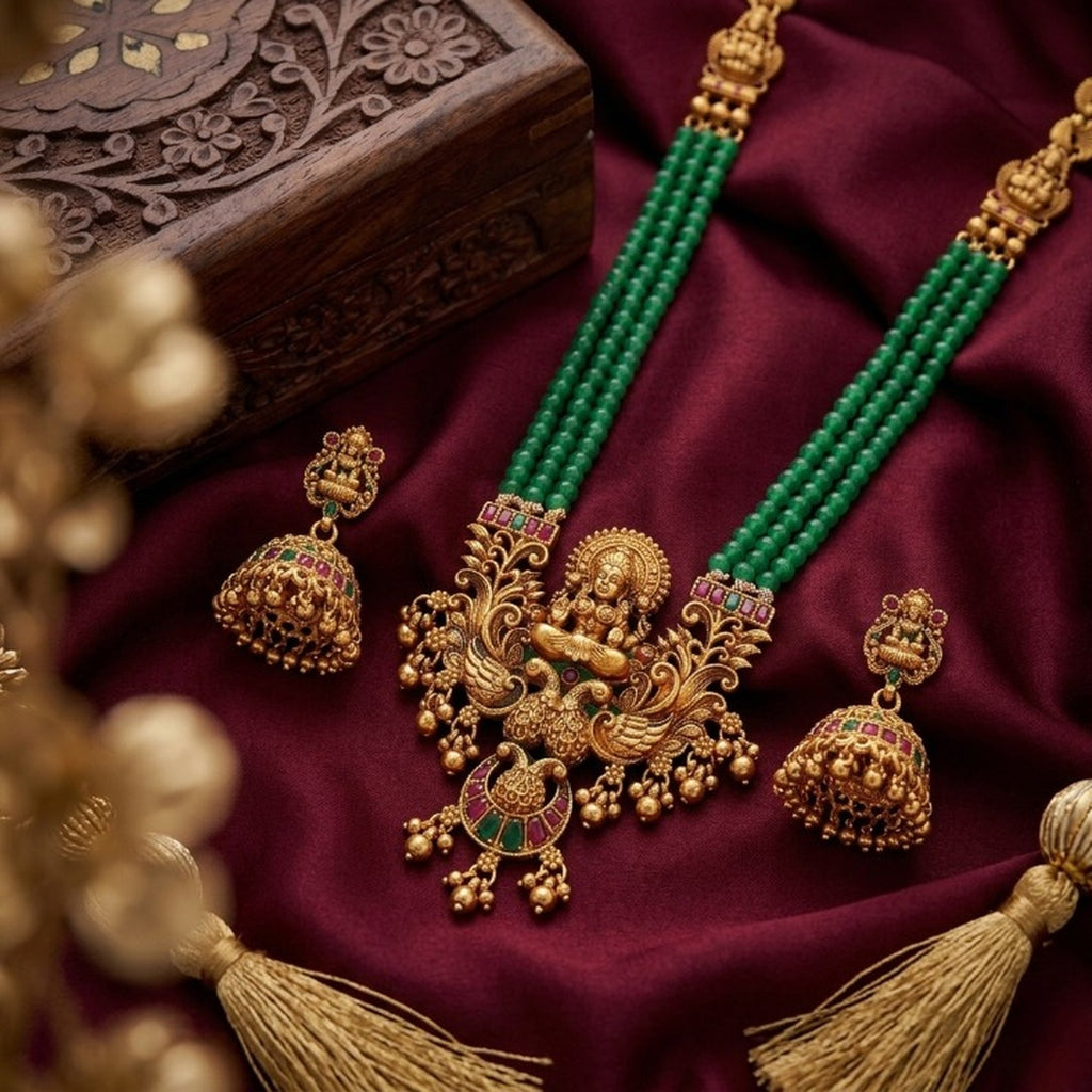 Jewel City Antique Gold-Plated Lakshmi Pendant Green Bead Necklace Set with Jhumka Earrings - Traditional Temple Jewelry | Grocsy