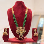 Jewel City Antique Gold-Plated Lakshmi Pendant Green Bead Necklace Set with Jhumka Earrings - Traditional Temple Jewelry | Grocsy