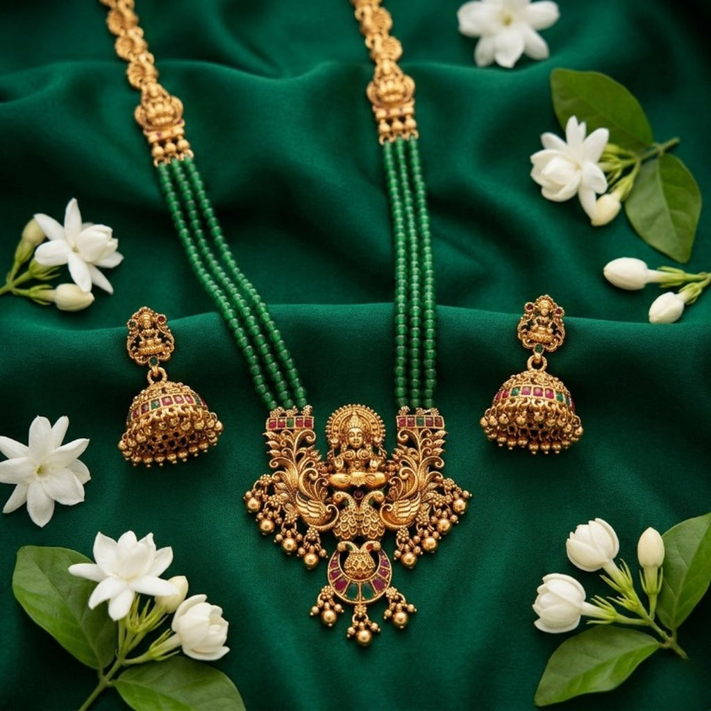 Jewel City Antique Gold-Plated Lakshmi Pendant Green Bead Necklace Set with Jhumka Earrings - Traditional Temple Jewelry | Grocsy