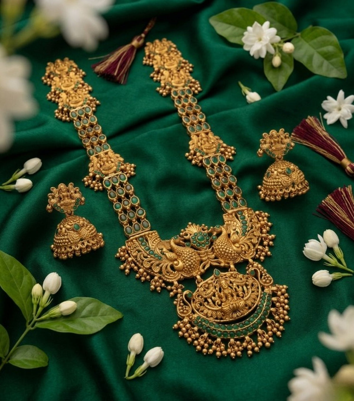 Jewel City Stunning Gold-Plated Temple Jewelry Set with Emeralds | Traditional Haram & Jhumkas | Bridal & Festival Wear | Grocsy