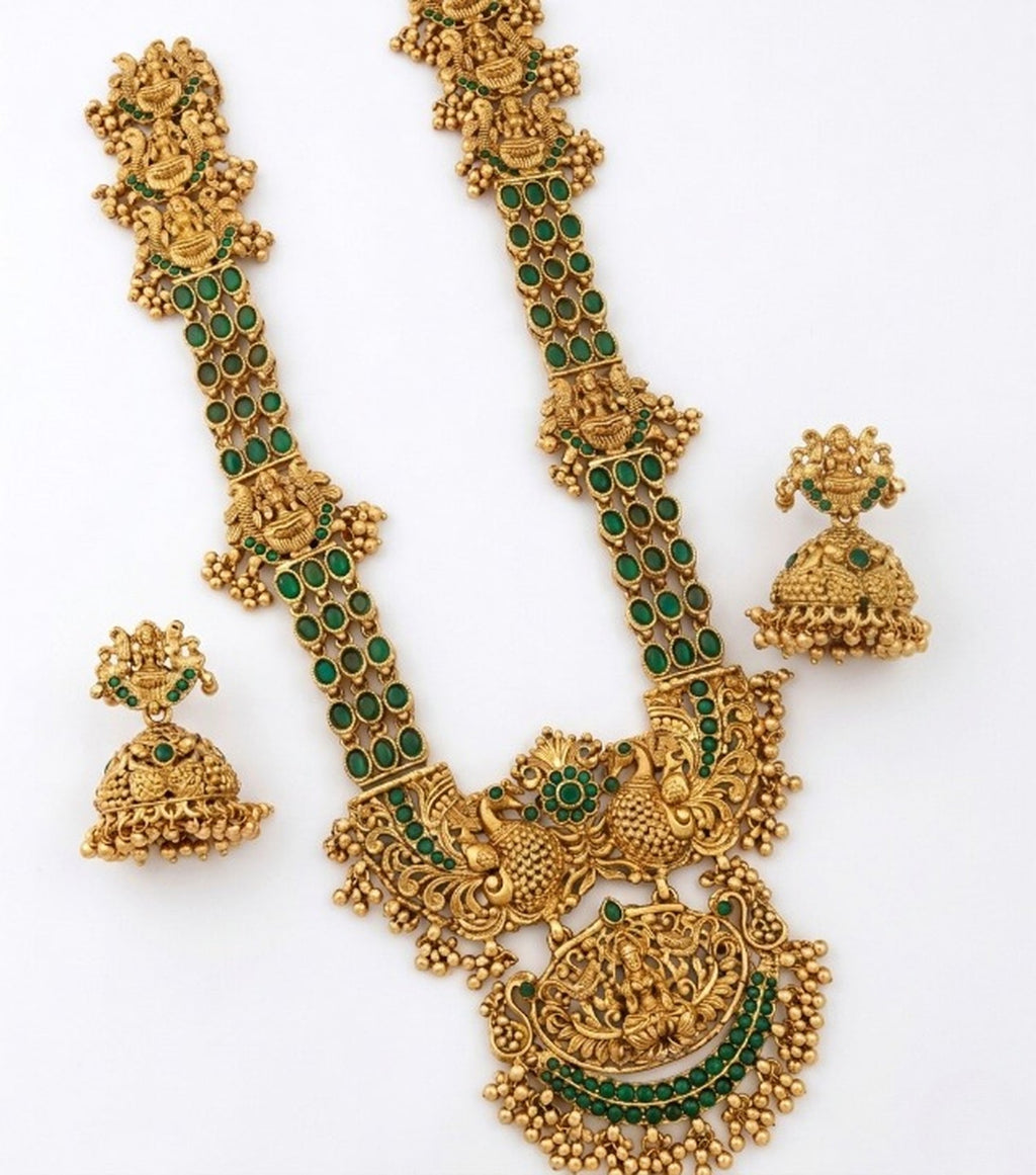 Jewel City Stunning Gold-Plated Temple Jewelry Set with Emeralds | Traditional Haram & Jhumkas | Bridal & Festival Wear | Grocsy