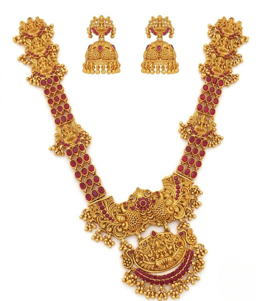 Jewel City Stunning Gold-Plated Temple Jewelry Set | Traditional Haram & Jhumkas | Bridal & Festival Wear | Grocsy